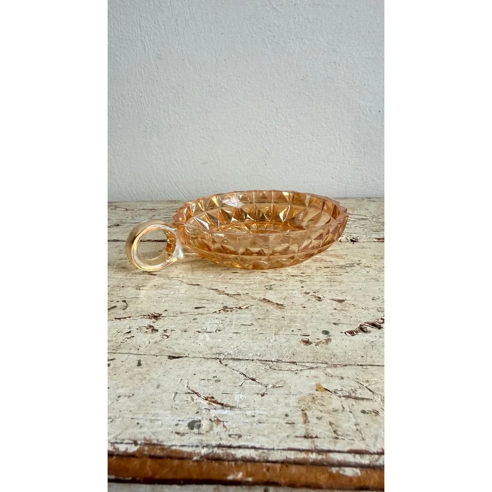 Vintage Peach Luster Glass Nappy Dish Diamond Point Amber Iridescent Bowl CSGC